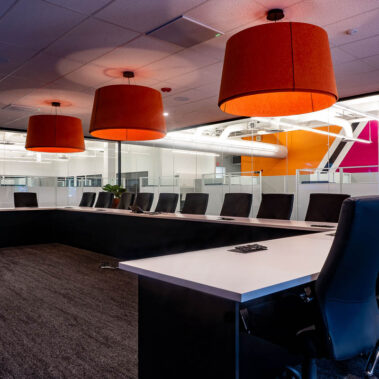Orange acoustic lighting in a corporate office