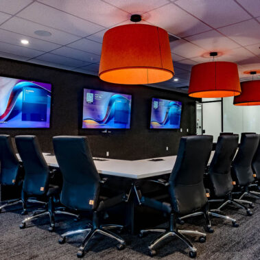 Orange acoustic lighting in a corporate office